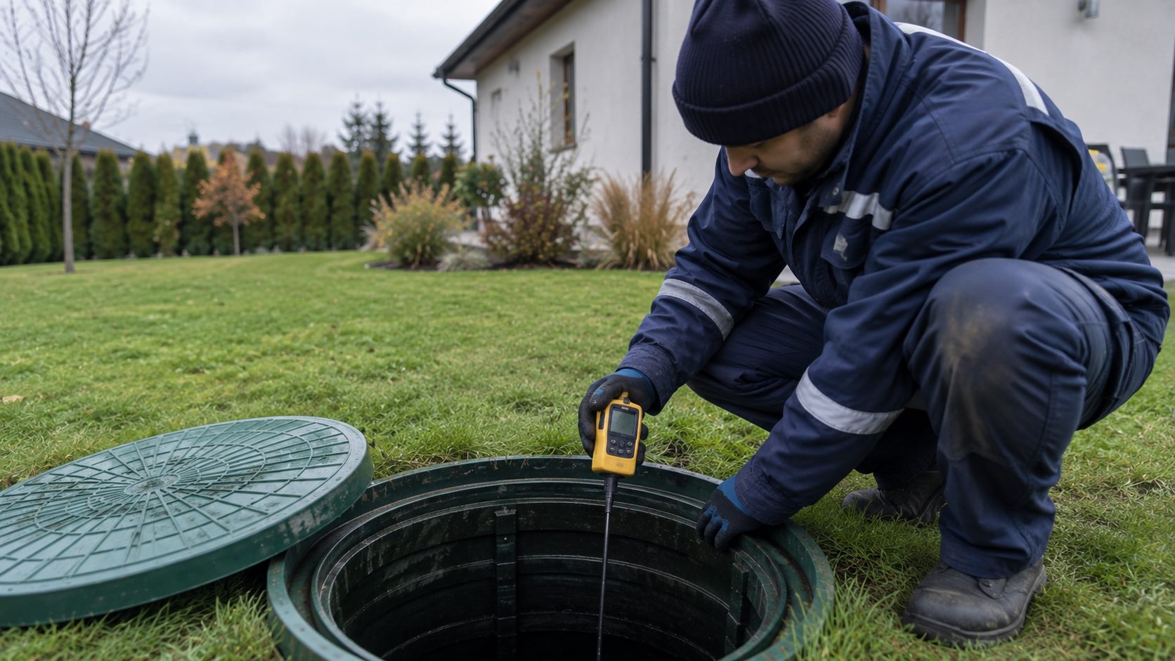 Inspekční kamera na kabelu spouštěná do šachty nádrže, vedle monitor s náhledem vnitřku